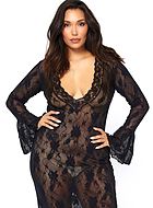 Nightdress, stretch lace, deep neckline, bell sleeves, flowers, plus size